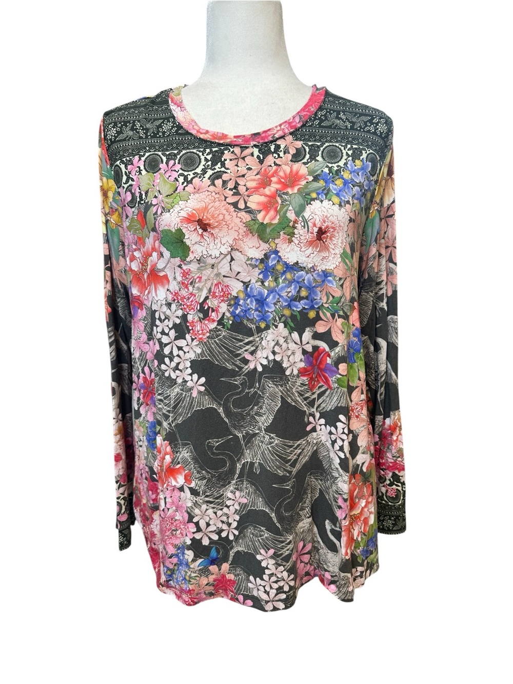 Johnny Was Black Multi Floral Long-Sleeve Tee Size Large